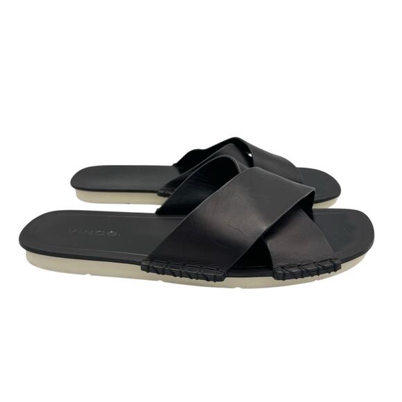 Vince Nico Black Leather Exposed Stitching Straps Open Toe Slip On Flat Sandals - Picture 3 of 9